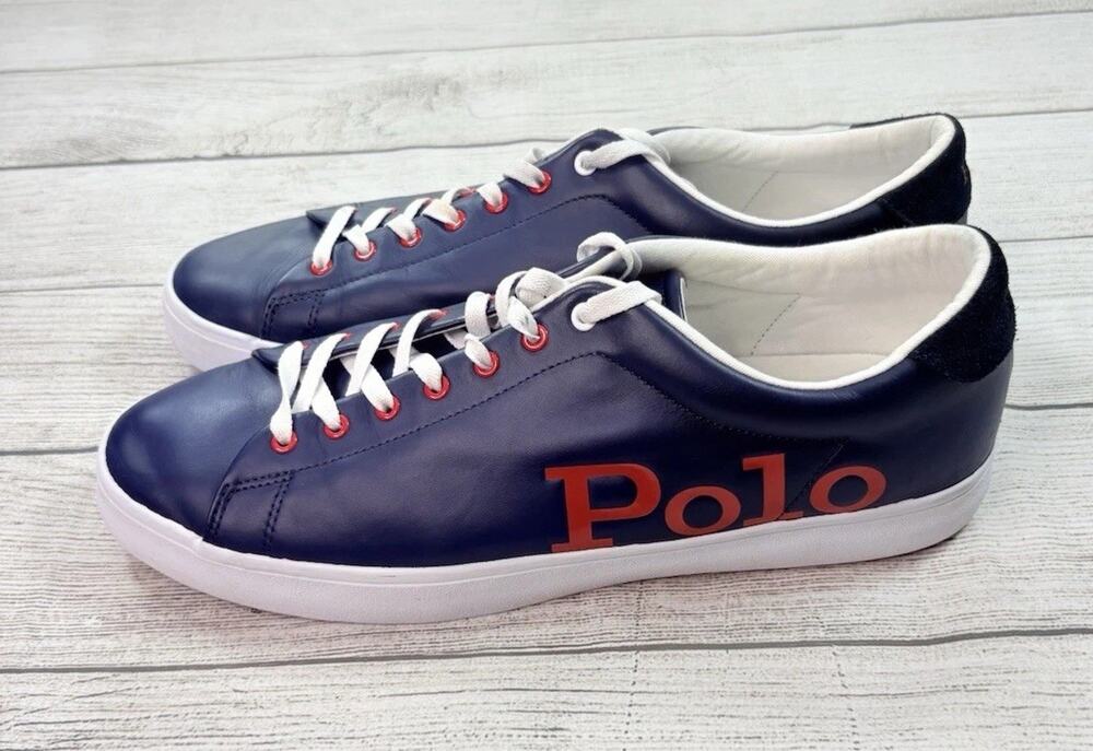 Polo Ralph Lauren Men’s Longwood Logo Spellout Blue Leather Shoes Size 15